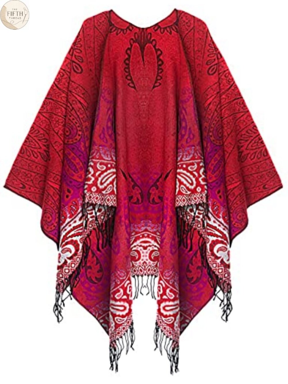 Vintage Pattern Tassel Poncho Shawl Cape Wrap Loose Fit Retro